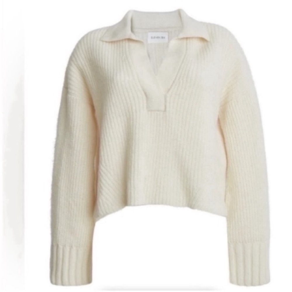Eleven Six Merino Wool Alpaca Cream Ribbed V-Neck Collar Sweater Women's Sz M/L